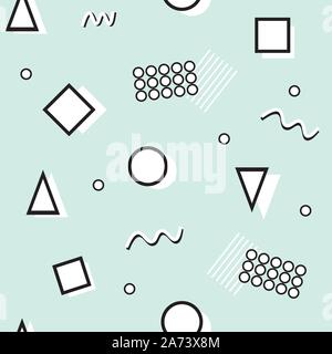 Modern Memphis pattern in black and white colors on the neo-mint background. Vector seamless geometric illustration on neo mint backdrop. Retro. Stock Vector