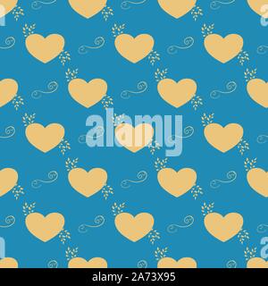 Charming yellow hearts with twigs and swirls. Vector illustration of a repeating seamless pattern on a blue background. Stock Vector