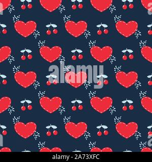 Charming red hearts with twigs and cherries. Vector illustration of a repeating seamless pattern on a moody dark background. Stock Vector