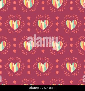 Vector seamless pattern. Abstract colorful heart in a geometric collage from silhouettes of twigs. Hearts arranged. Illustration, stylish texture. Stock Vector