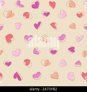 Pastel hearts scattered on a light background. Illustration of vector seamless pattern with geometric cute hearts. Stock Vector