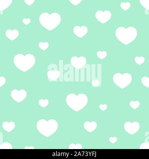 Different-sized white hearts chaotically arranged on a green, neon background. Vector illustration. Seamless pattern. Stock Vector