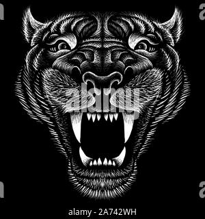 The Vector logo tiger for tattoo or T-shirt design or outwear.  Hunting style tigers print on black background. This drawing is for black fabric or ca Stock Vector