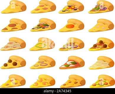 Vector illustration of pizza slices with different toppings such as salami, cheese and tomato. Stock Vector