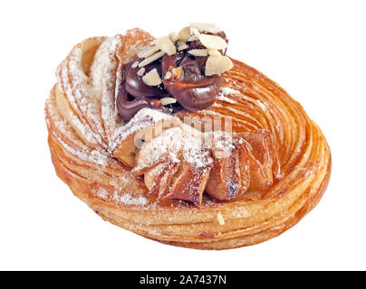 Puff pastry cake with chocolate and almond flakes isolated on a white background Stock Photo