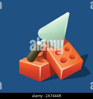 trowel and bricks on blue Stock Vector