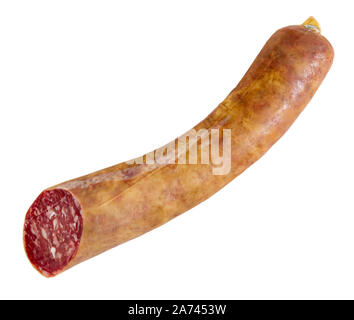 Spanish salchichon sausage, close-up. Isolated over white background Stock Photo