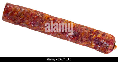 Spanish salchichon sausage, close-up. Isolated over white background Stock Photo