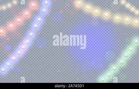 Vector colorful christmas lights on transparent background. Xmas glowing garland. Neon new year light festive decoration overlay. Yellow, red, pink Stock Vector