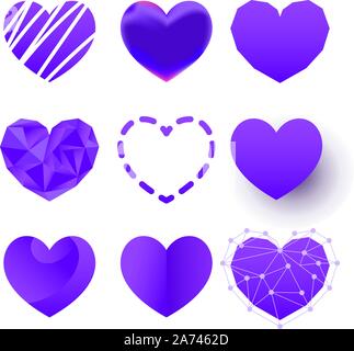 Vector logo icon set of polygonal, flat, paper cut color hearts or sign of love on white background Stock Vector