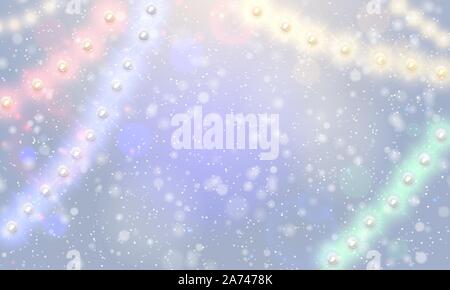 Vector colorful christmas lights snowfall background. Xmas glowing garland in snow. Neon new year light festive snowy decoration. Yellow, red, pink Stock Vector