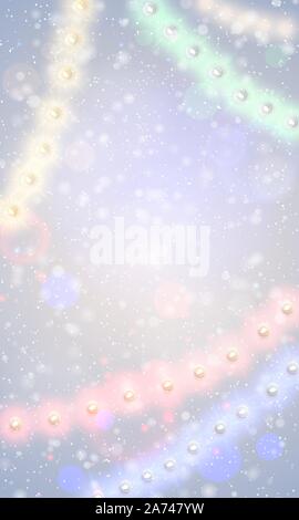 Vector colorful christmas lights snowfall vertical background. Xmas glowing garland in snow. Neon new year light festive snowy decoration. Yellow, red Stock Vector