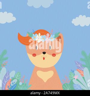 Cute fox in flower wreath among plants and leaves on field in rainy day. Summer Spring Autumn Fall Seasons Animal in Forest, Baby Print Cartoon flat v Stock Vector