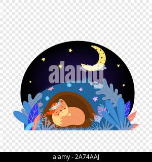 Cute fox sleeping in hole at night under sky with stars and moon icon. Good Night card, kawaii animal in flower wreath curl up on grass, baby design C Stock Vector