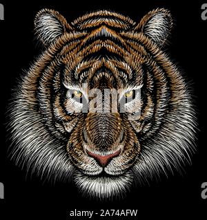 The Vector logo tiger for tattoo or T-shirt design or outwear.  Hunting style tigers print on black background. This drawing is for black fabric or ca Stock Vector