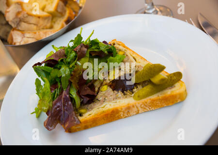 Piece of traditional French Pate en croute maison served on white plate with pickled cucumber and mix of greens Stock Photo