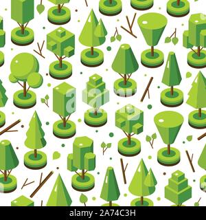 Isometric vector bright tree set in seamless pattern. Landscape constructor kit. Different trees for make nature design. Stock Vector