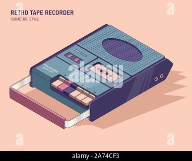 Old cassette player in isometric style. Vector illustration of vintage musical equipment in retro. Stock Vector
