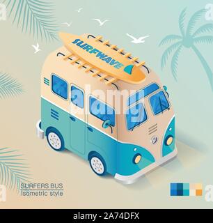 Old bus on the beach with surfboard in isometric style drawn. Summer vacation. Stock Vector