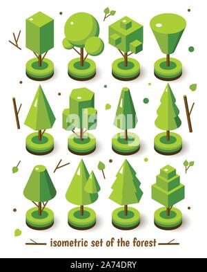 Isometric vector bright tree set. Landscape constructor kit. Different trees for make nature design. Stock Vector