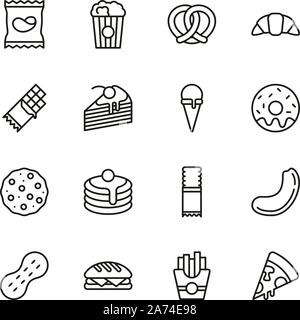 Snack Or Junk Food Icons Thin Line Set Stock Vector