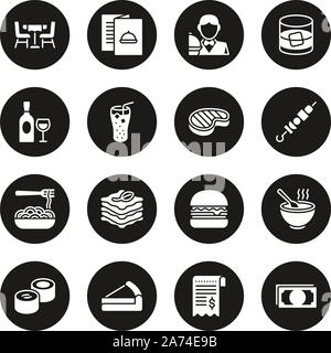 Lunch Icons White On Black Circle Set Stock Vector