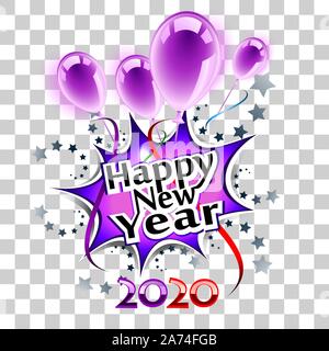 Happy New Year 2020 purple greeting card, transparent eps10 Stock Vector