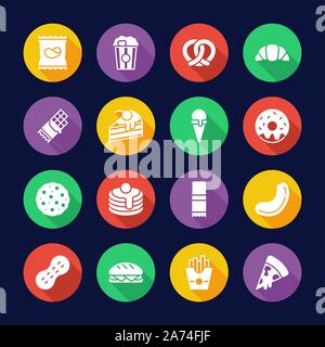 Snack Or Junk Food Icons Flat Design Circle Set Stock Vector