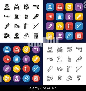 Police Icons All in One Icons -Black & White-Color Flat Design-Thin Line- Set Stock Vector