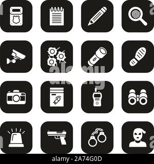 Police Detective Icons White On Black Set Stock Vector