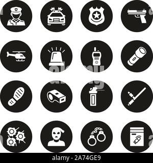 Police Icons White On Black Circle Set Stock Vector