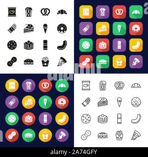 Snack Or Junk Food Icons All in One Icons -Black & White-Color Flat Design-Thin Line- Set Stock Vector