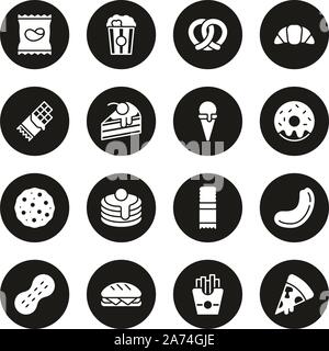 Snack Or Junk Food Icons White On Black Circle Set Stock Vector