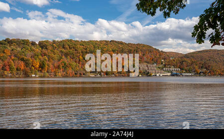 Panorama of the autumn fall colors surrounding Cheat Lake from the waterside near Morgantown, West Virginia Stock Photo