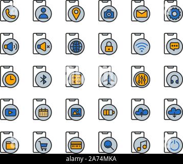 Smartphone functions and apps filled outline icon set. Vector and Illustration. Stock Vector