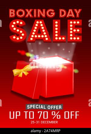 Boxing day sale with gift box open promote poster Stock Vector