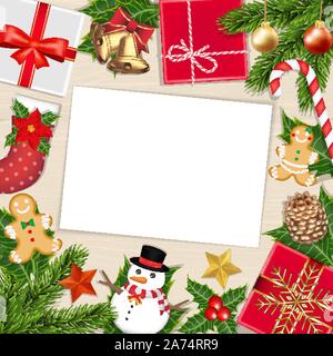 white paper on wood board with chrismas object Stock Vector