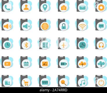 Smartphone functions and apps flat icon set. Vector and Illustration. Stock Vector