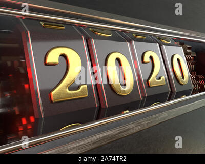 Gold number 2020 (two thousand and twenty) on a dark background with reflections of red light in the style slot machines. 3D illustration Stock Photo