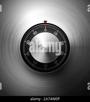 Realistic combination metal safe lock on radial polished black metal background. Stainless steel round control. White scale. Vector security icon Stock Vector