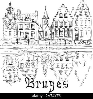 Vector black and white scenic city view of Bruges canal with beautiful medieval houses, Belgium Stock Vector