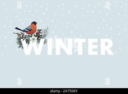Winter web banner. Bullfinch bird sitting on W letter. Floral garland of pine tree branches, cranberries and narcissus flowers. Vintage design. Vector Stock Vector