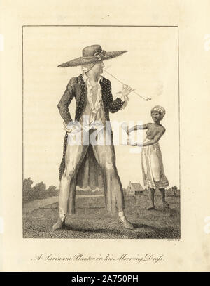 A Surinam Planter in his Morning Dress. White man in linen shirt, trousers,  and long coat, wearing a straw hat and smoking a pipe, as a black slave  girl in petticoat and