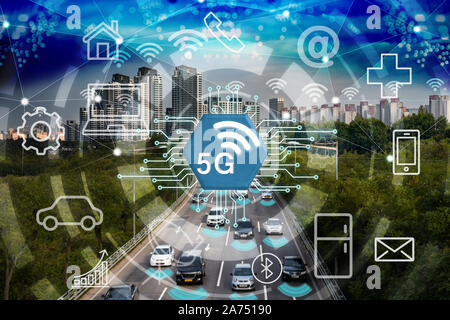 Smart city and 5G network, wireless communication network, abstract image visual. Stock Photo