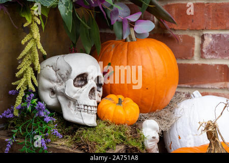 A Halloween display on a porch with pumpkins and skulls Stock Photo