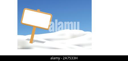 wooden sign in snow on blue sky Stock Vector