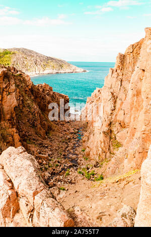 Beautiful summer day landscape waterfall North Teriberka, Barents sea view Stock Photo