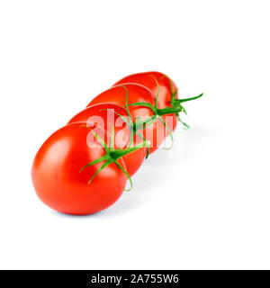 Whole red four tomatoes with green branch isolated on white background. Healthy organic vitamin plant tomato exhibited in one line closeup photo Stock Photo