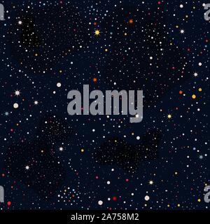 Seamless Pattern with stars and bright shiny stars on dark background. Colorful Cosmic Background for cards, book covers, templates, patterns, etc. Ve Stock Vector