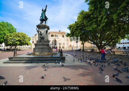 SANTO DOMINGO, DOMINICAN REPUBLIC - JUNE 26, 2019: Statue of Columbus in Parque Colon - central square of historic district of city, next the oldest c Stock Photo